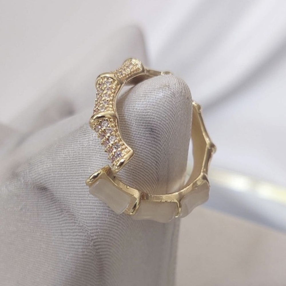 Mother of pearl & gold metal adjustable bamboo pave ring NEVER WORN NWOT
